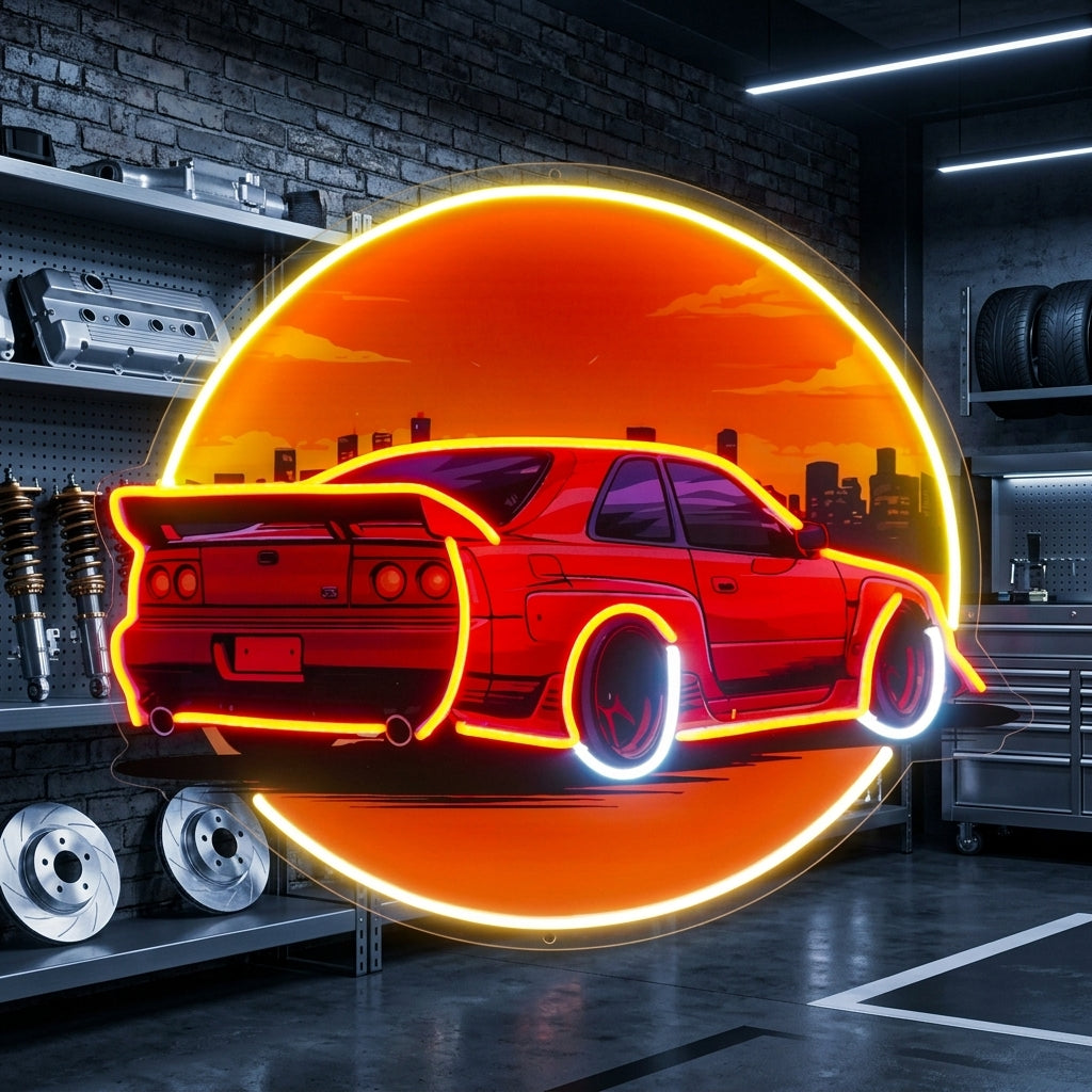 Car With Sunset LED Neon Sign Light Pop Art
