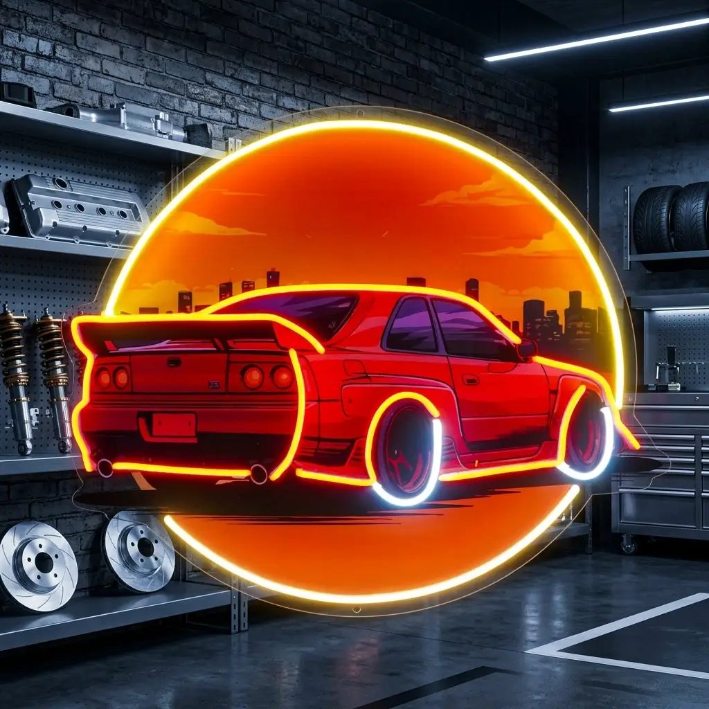 Car With Sunset LED Neon Sign Light Pop Art