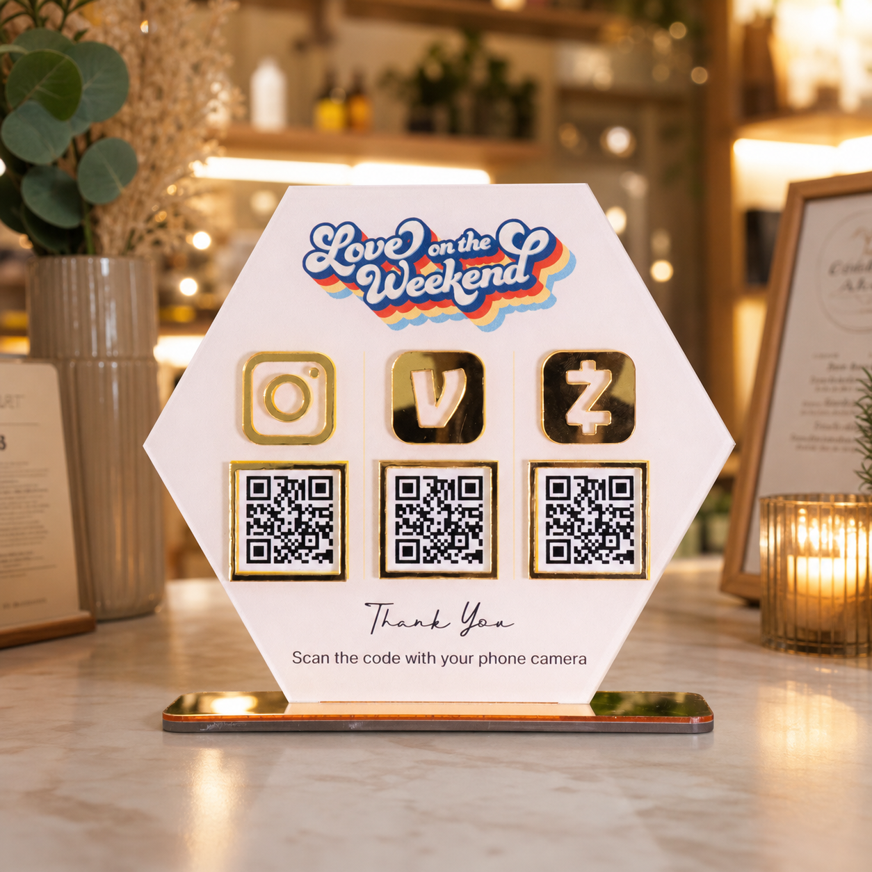 Custom Triple QR Code Hexagon Stand