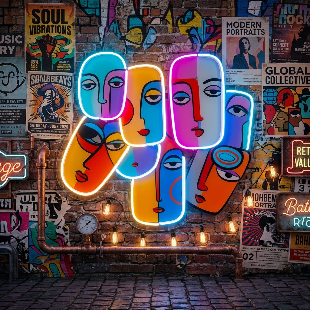 Multiple Colorful Faces Abstract Art LED Neon Sign Light Pop Art