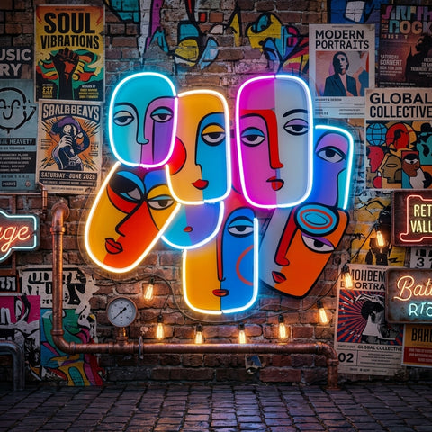Multiple Colorful Faces Abstract Art LED Neon Sign Light Pop Art