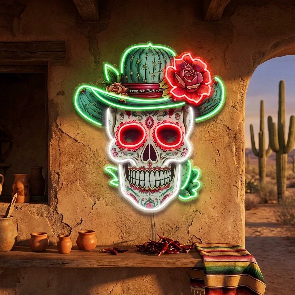 Custom Your Name Day Of The Dead Skull Mexico Artwork Led Neon Sign Light