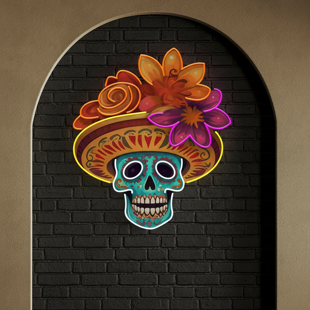 Custom Name Dead Day Party Sugar Skull or Halloween Holiday Artwork Led Neon Sign Light