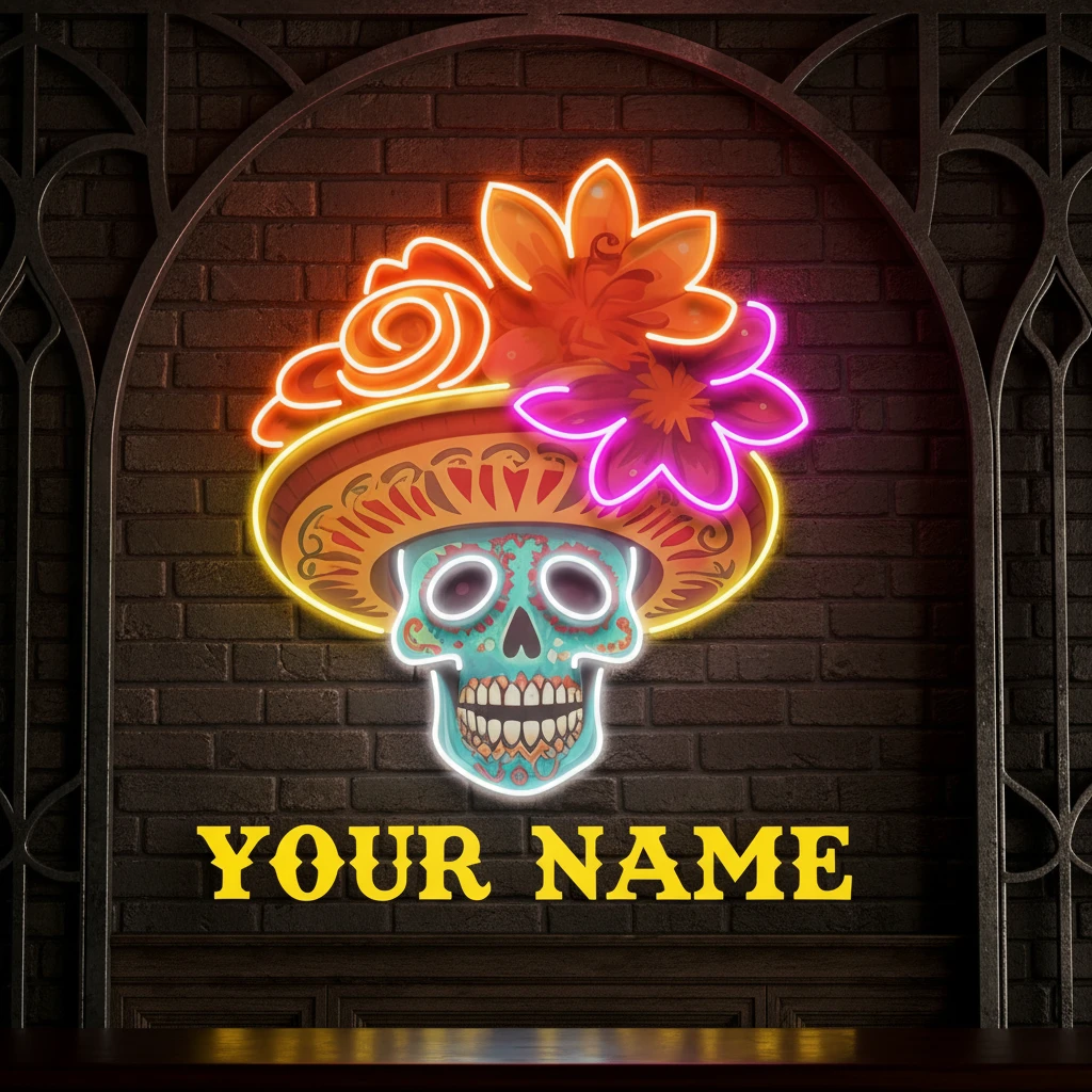 Custom Name Dead Day Party Sugar Skull or Halloween Holiday Artwork Led Neon Sign Light