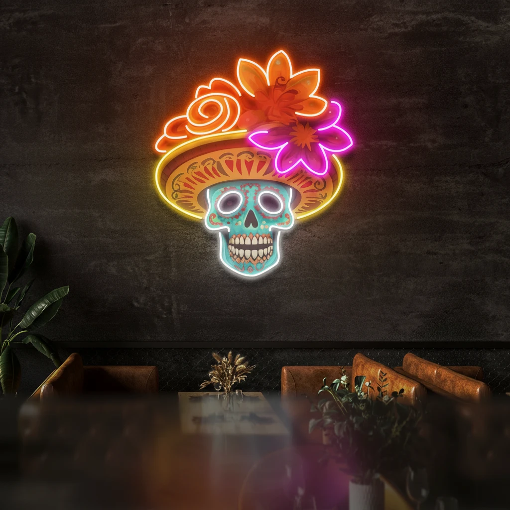 Custom Name Dead Day Party Sugar Skull or Halloween Holiday Artwork Led Neon Sign Light