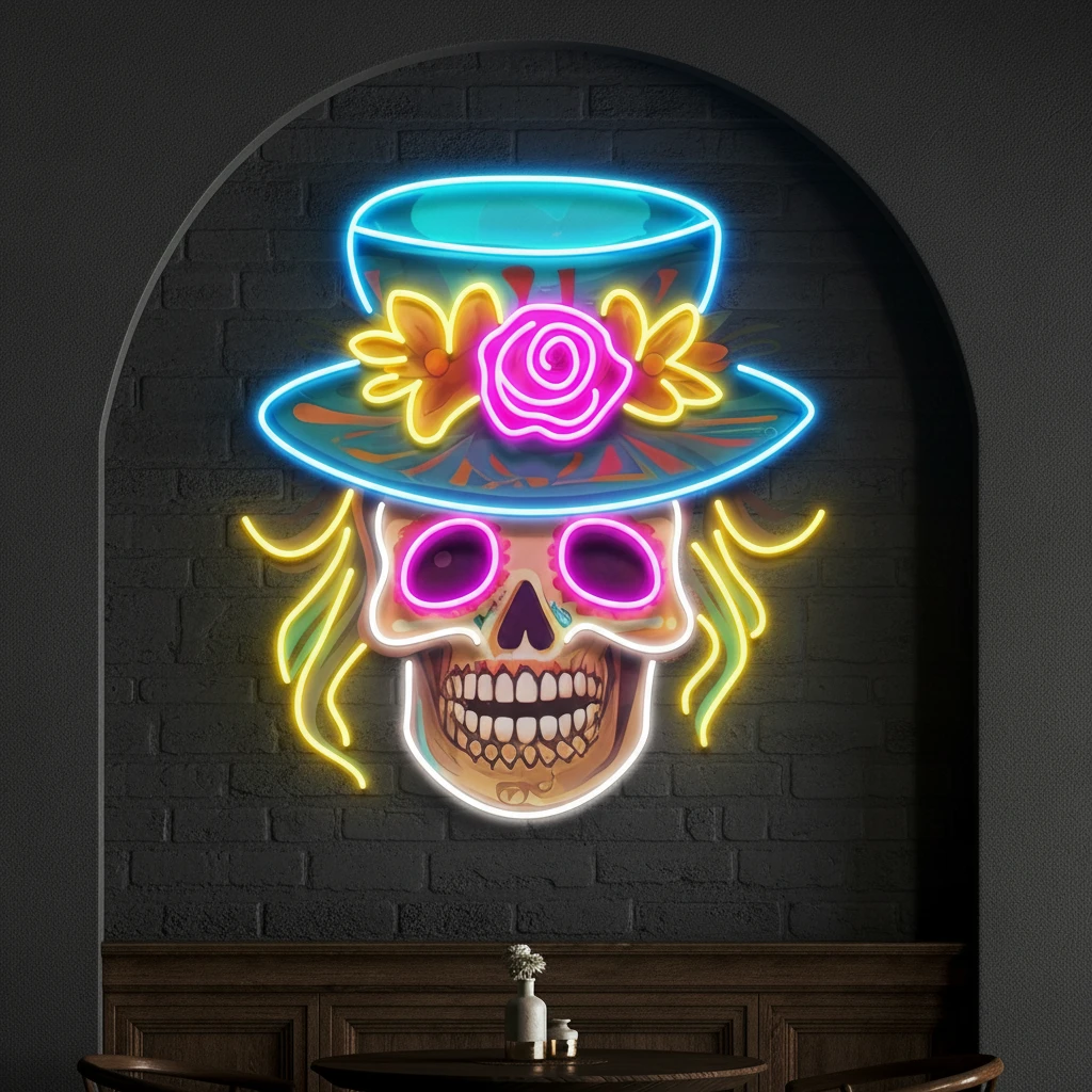Custom Name Dead Day Party Sugar Skull Or Halloween Decor Artwork Led Neon Sign Light