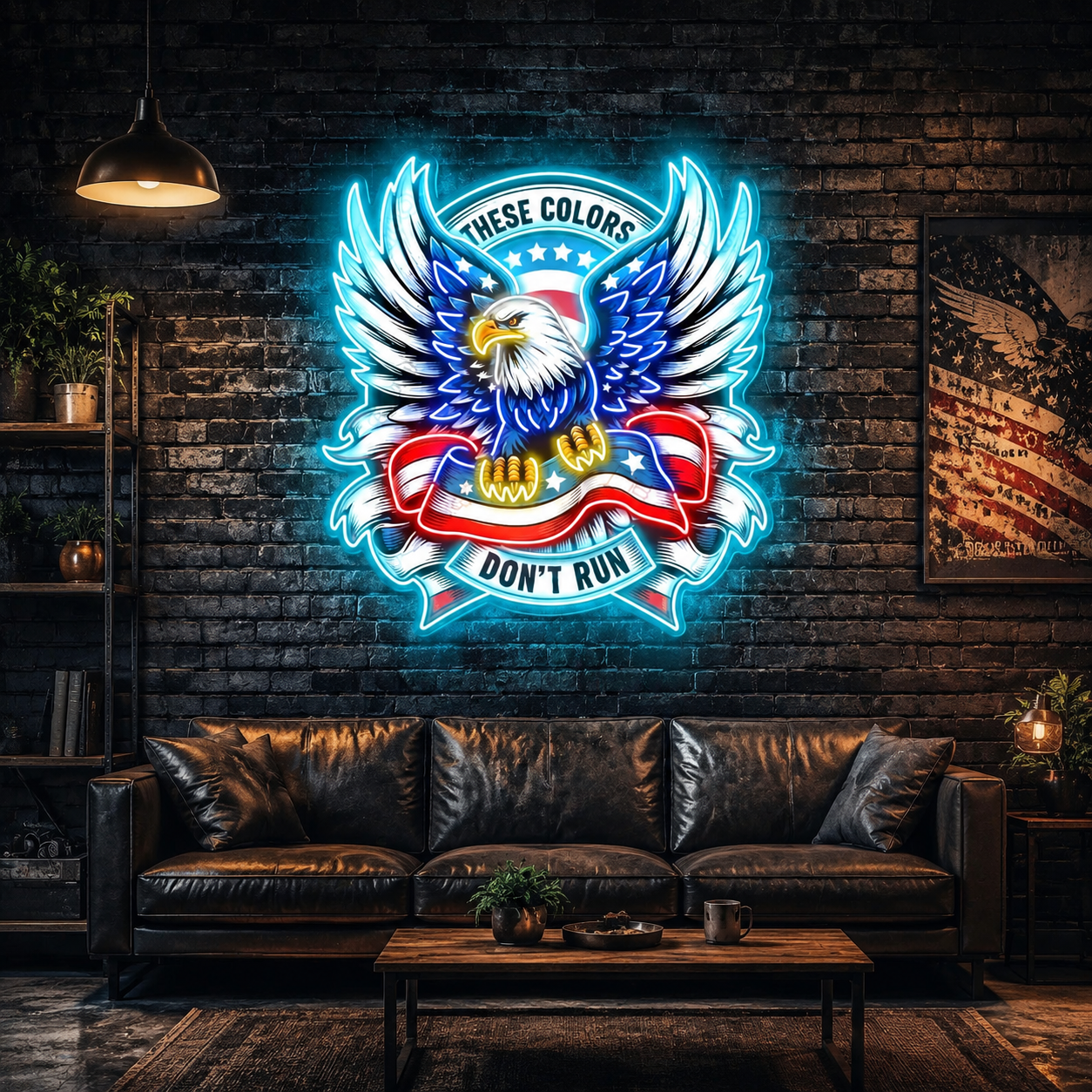 Soaring Freedom: The Eagle and Flag in Neon Sign Light Artwork