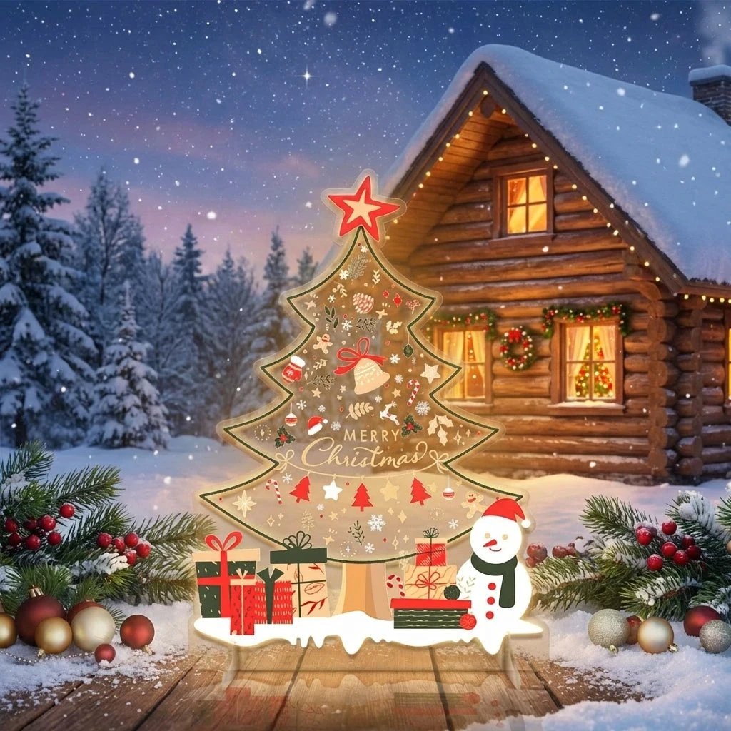 Festive Christmas Tree LED Neon Sign with Snowman and Gift Accents