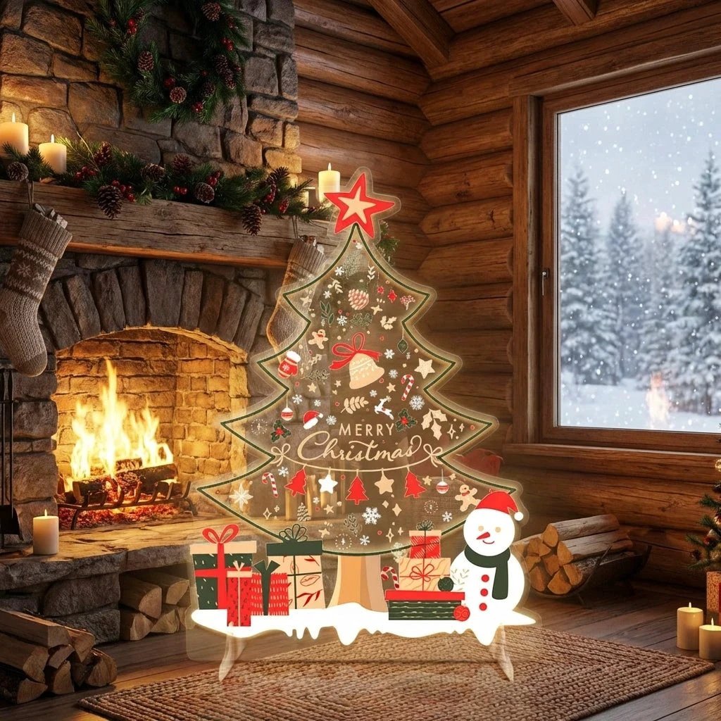Festive Christmas Tree LED Neon Sign with Snowman and Gift Accents