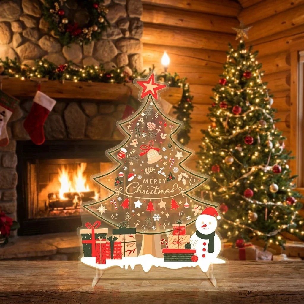 Festive Christmas Tree LED Neon Sign with Snowman and Gift Accents