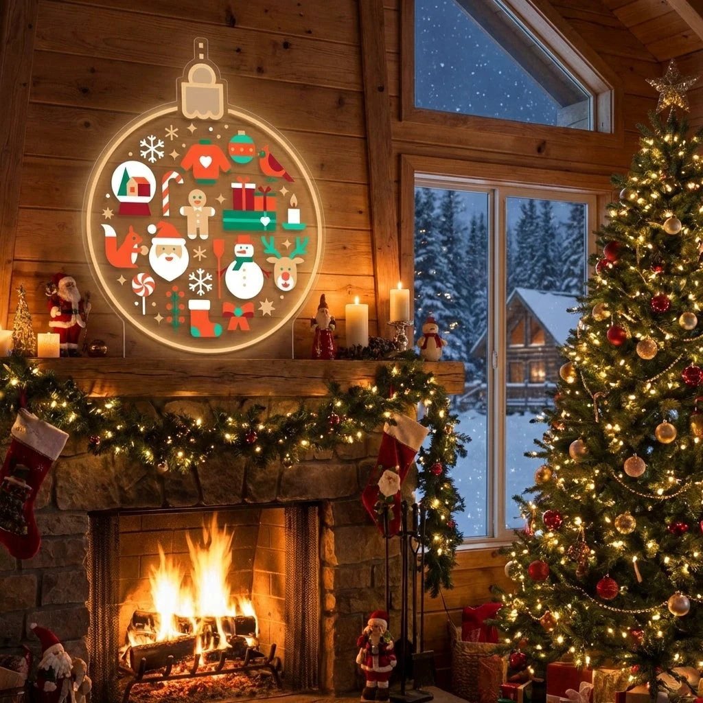 Festive LED Neon Sign with Christmas Icons and Holiday Motifs