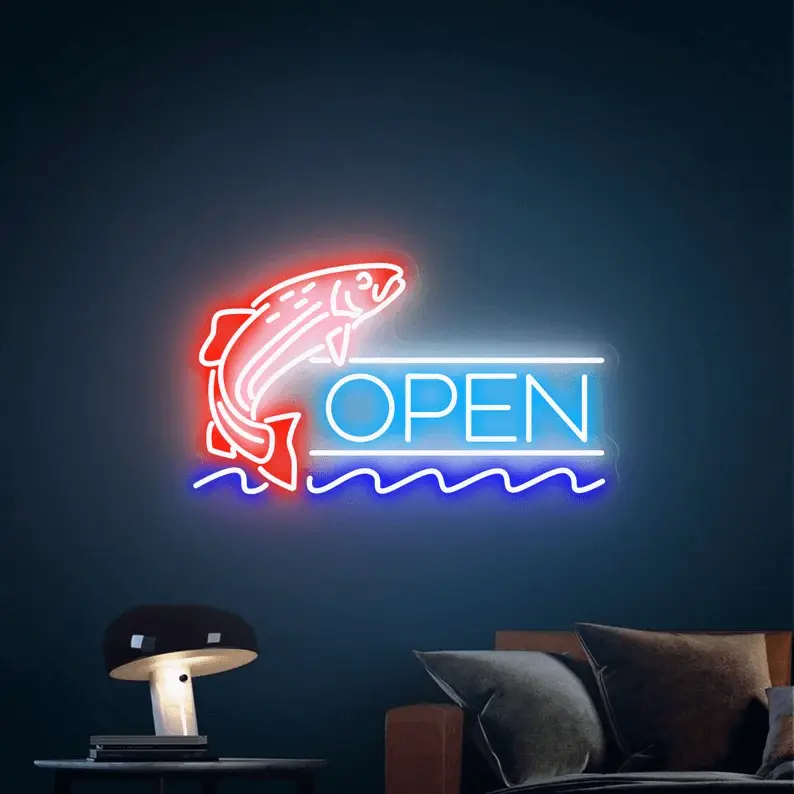 Fish Open neon sign with jumping fish, color option 2 with a red fish