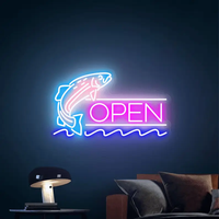 Fish Open neon sign with jumping fish, color option 1 with a light blue fish