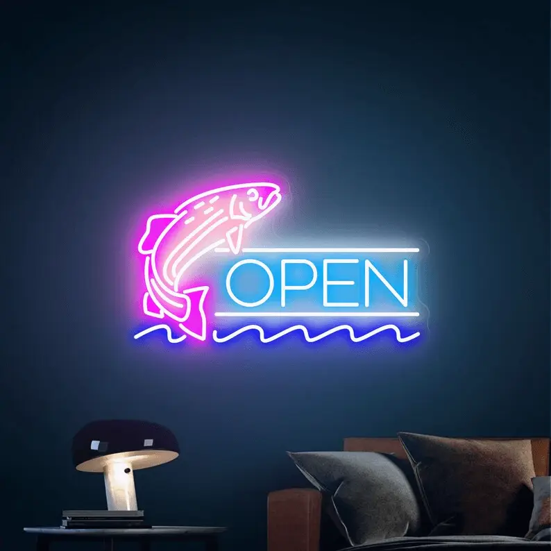 Fish Open neon sign with jumping fish, color option 4 with a pink fish