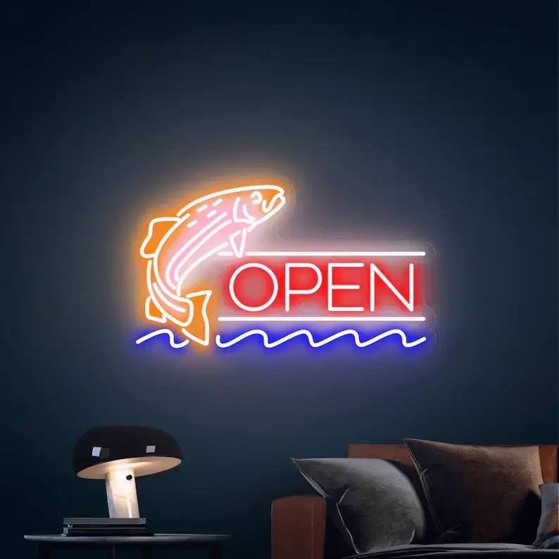 Fish Open neon sign with jumping fish, color option 5 with an orange fish