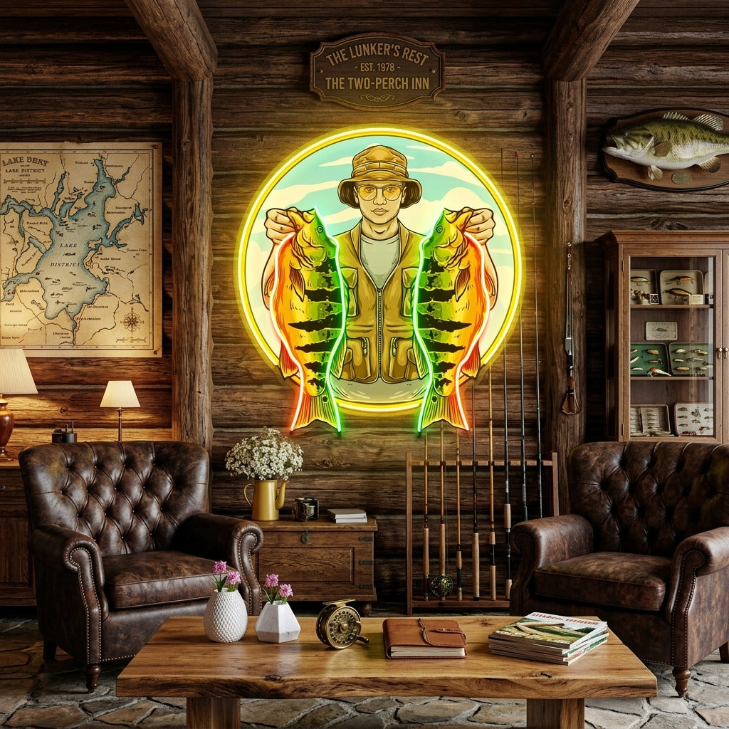 Fisherman Holding Peacock Bass LED Neon Sign Light Pop Art
