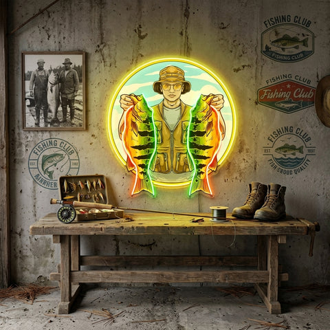 Fisherman Holding Peacock Bass LED Neon Sign Light Pop Art
