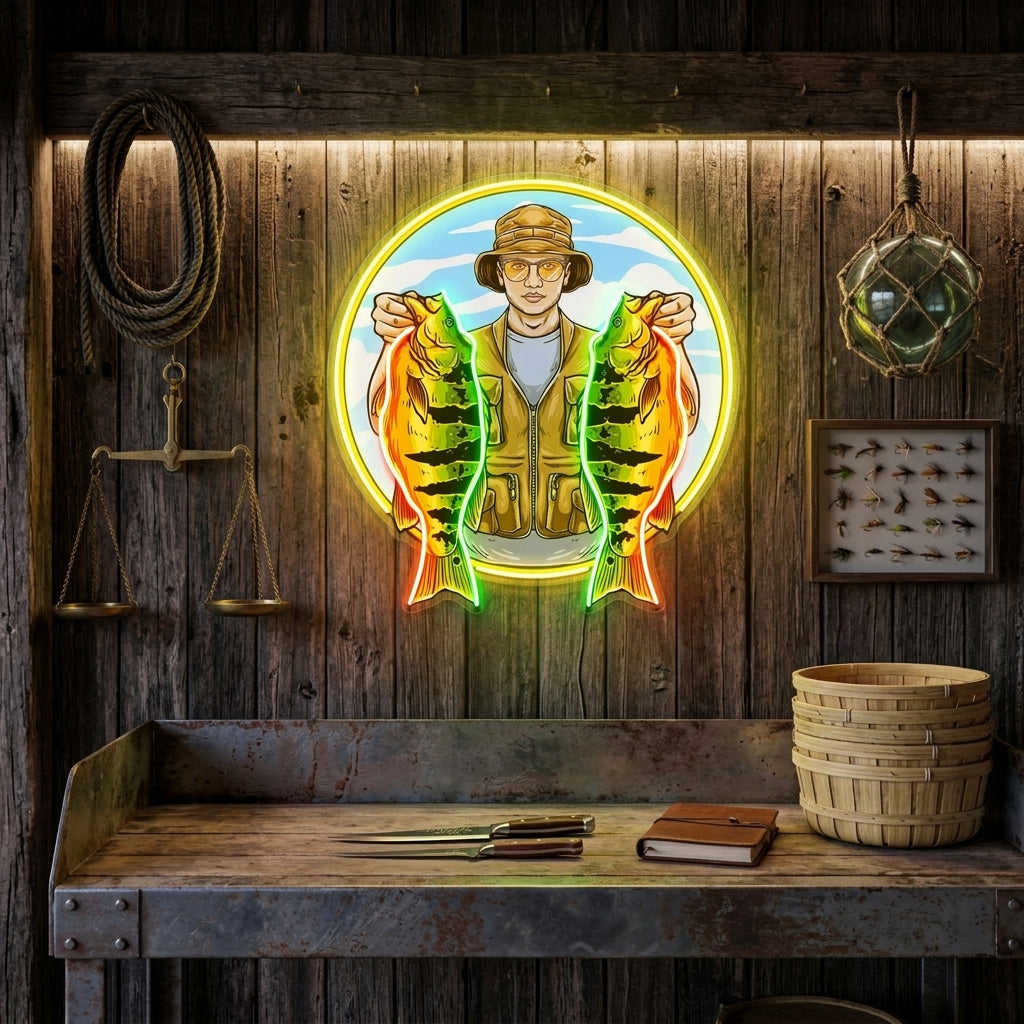 Fisherman Holding Peacock Bass LED Neon Sign Light Pop Art