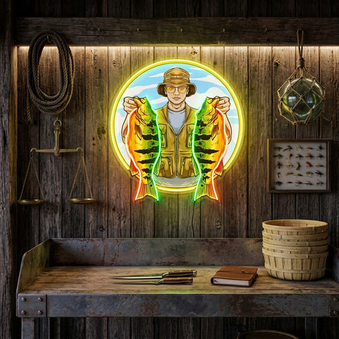 Fisherman Holding Peacock Bass LED Neon Sign Light Pop Art