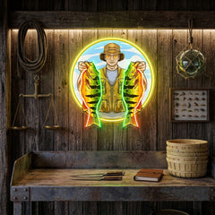Fisherman Holding Peacock Bass LED Neon Sign Light Pop Art
