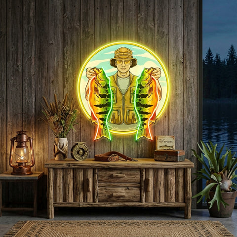 Fisherman Holding Peacock Bass LED Neon Sign Light Pop Art