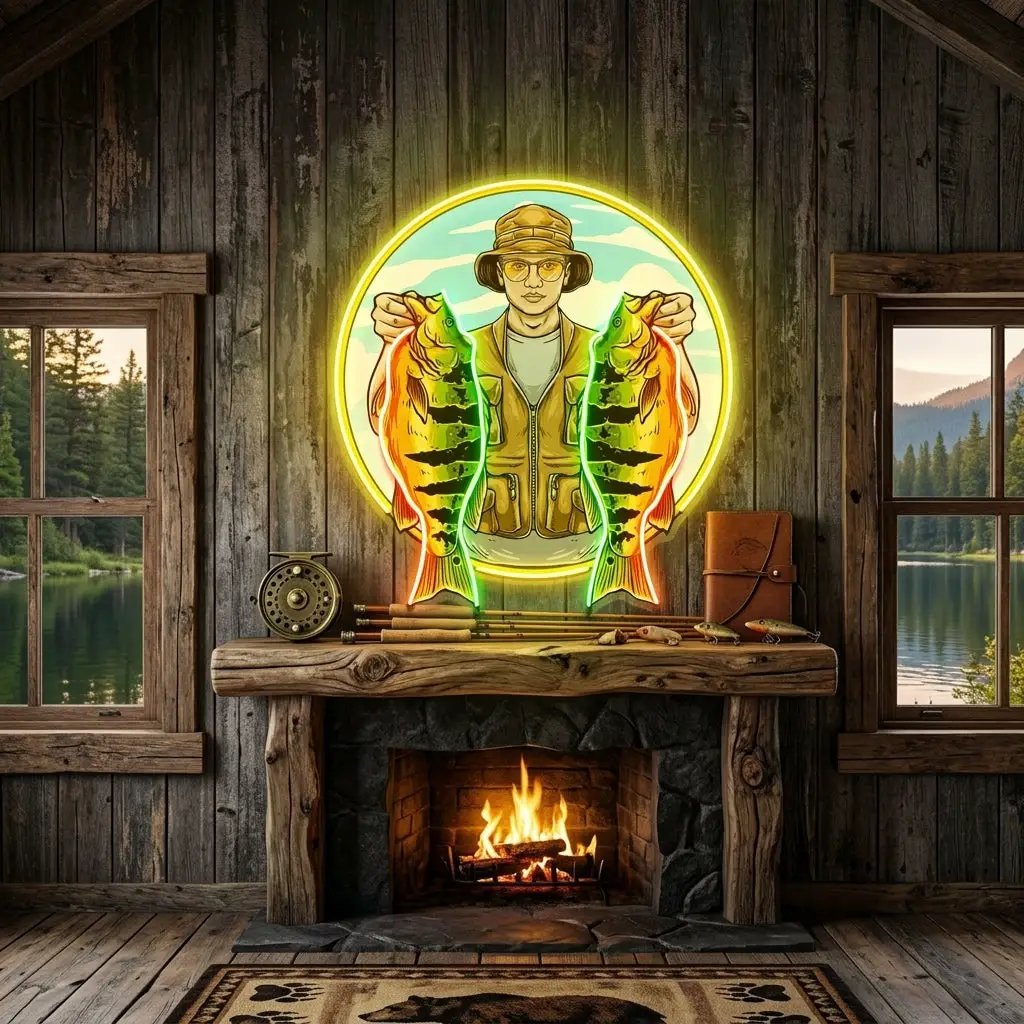 Fisherman Holding Peacock Bass LED Neon Sign Light Pop Art