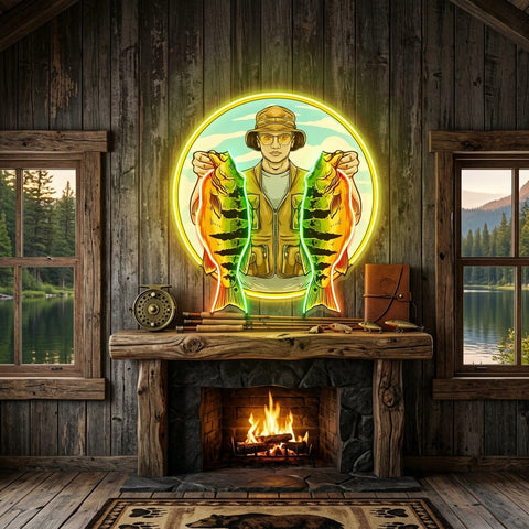Fisherman Holding Peacock Bass LED Neon Sign Light Pop Art