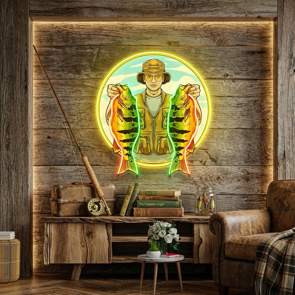 Fisherman Holding Peacock Bass LED Neon Sign Light Pop Art