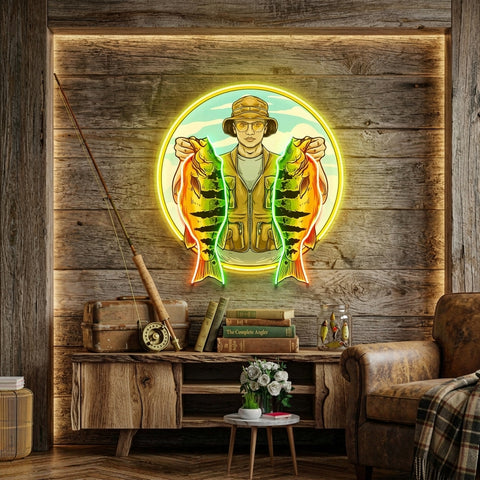 Fisherman Holding Peacock Bass LED Neon Sign Light Pop Art