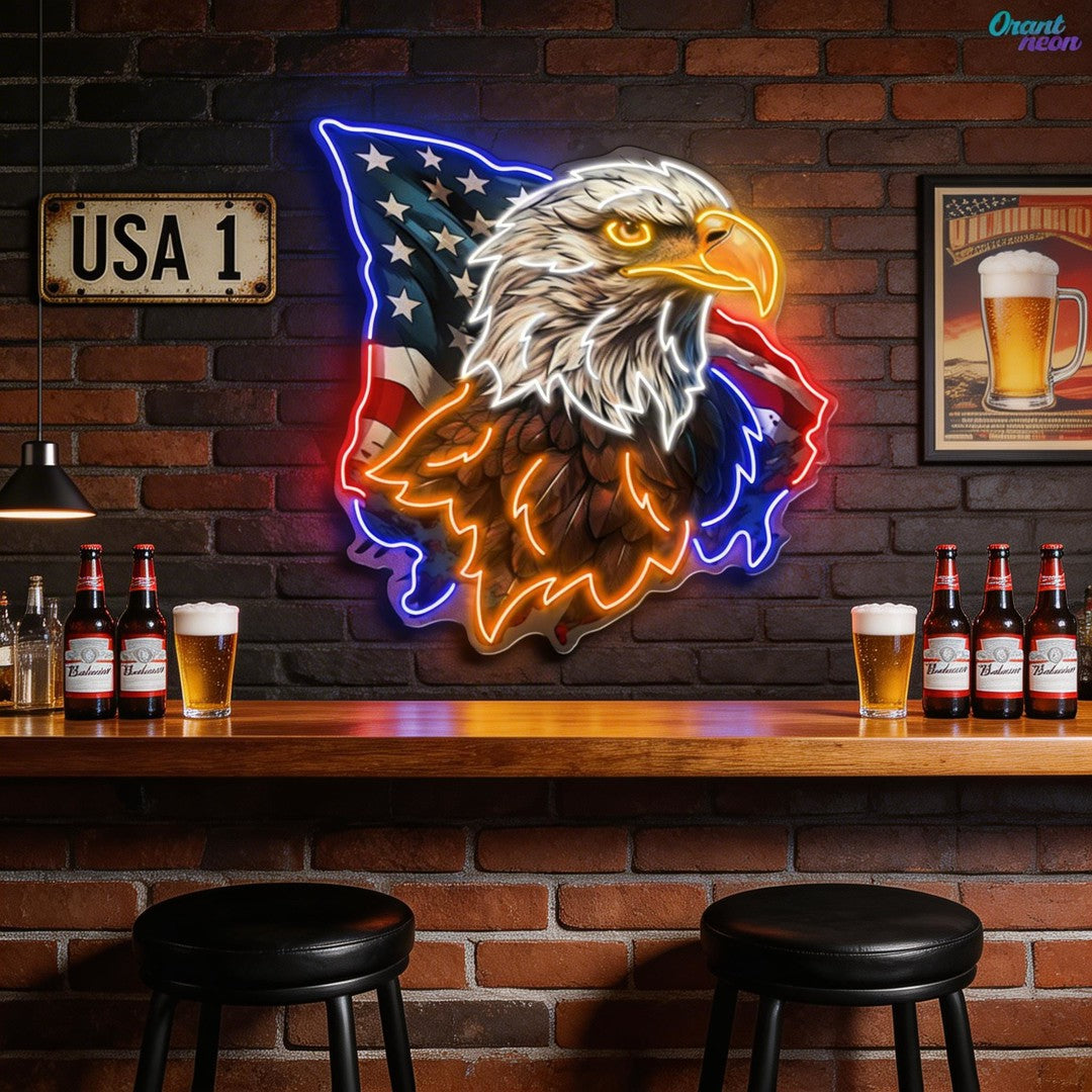 Flying America flag with US Eagle Head Neon Sign Light Artwork