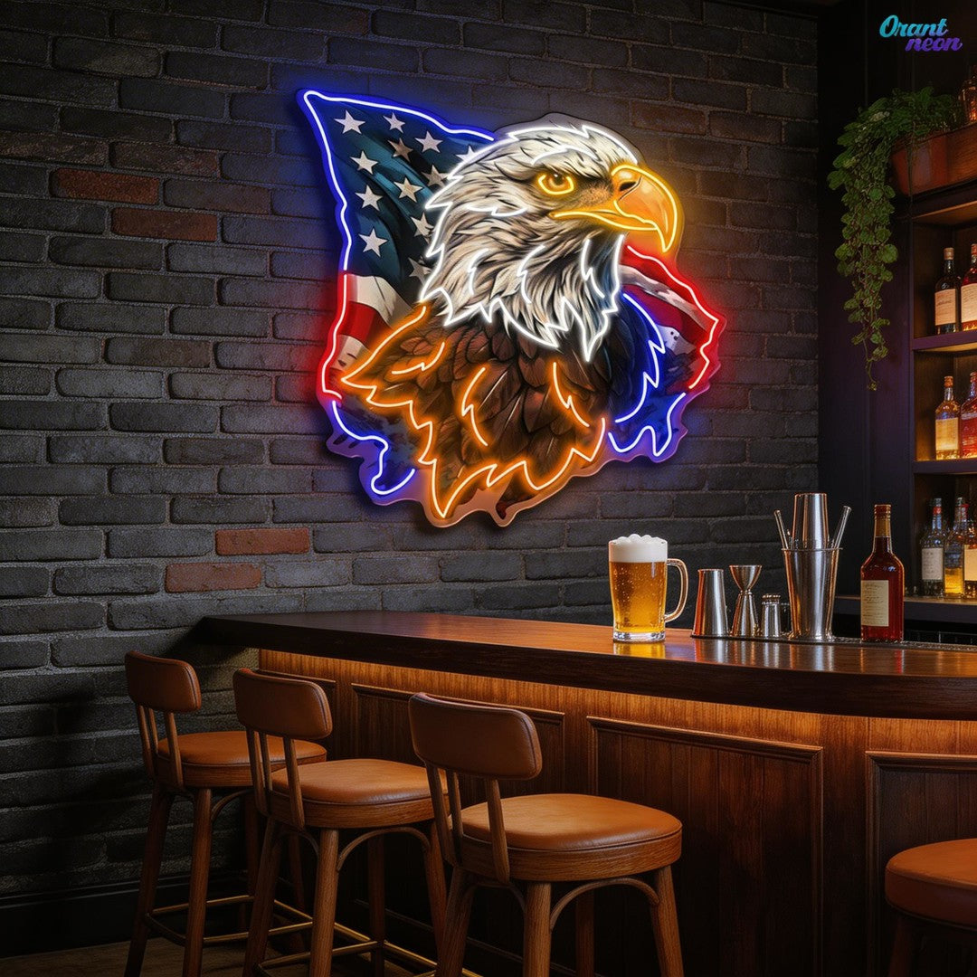 Flying America flag with US Eagle Head Neon Sign Light Artwork