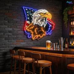 Flying America flag with US Eagle Head Neon Sign Light Artwork