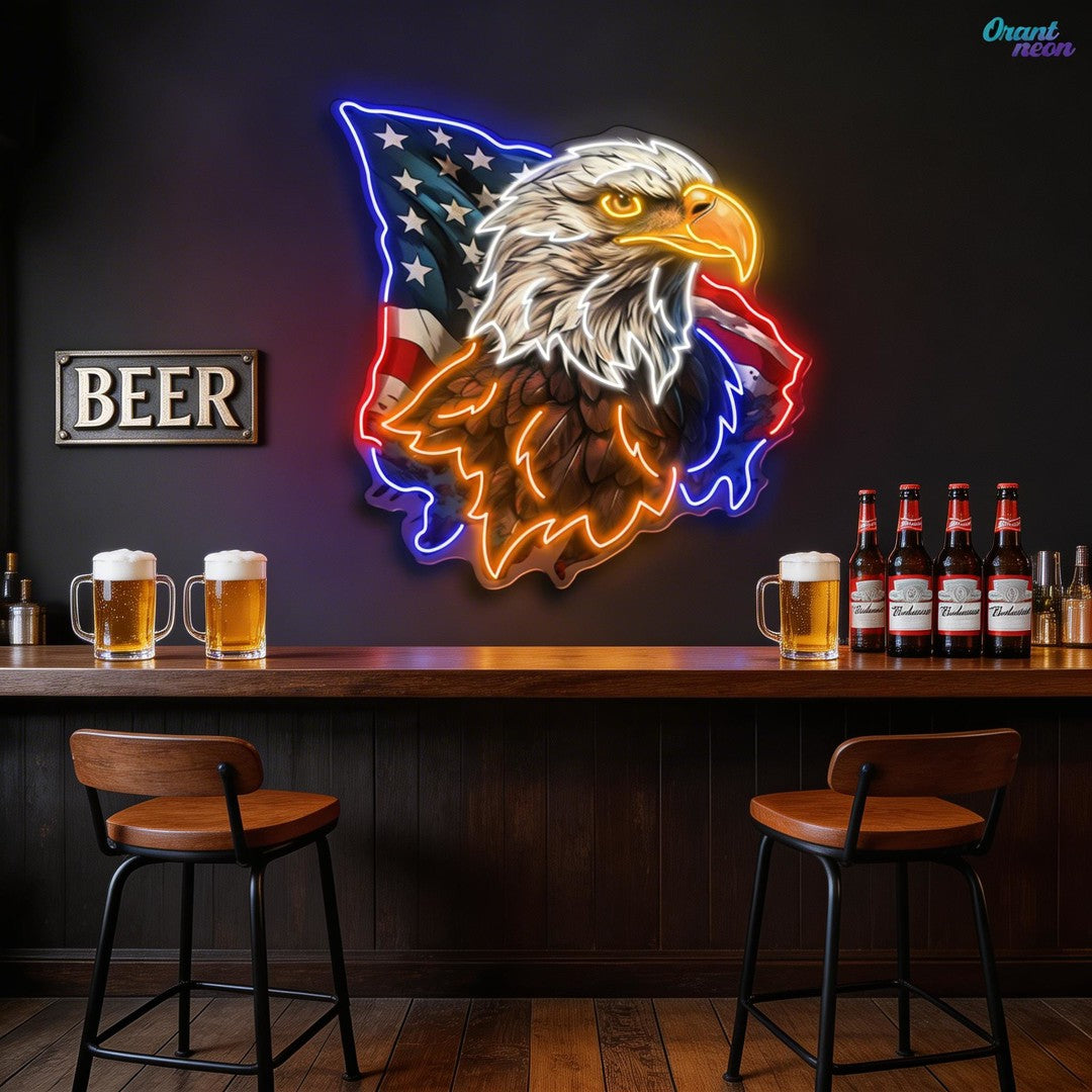 Flying America flag with US Eagle Head Neon Sign Light Artwork
