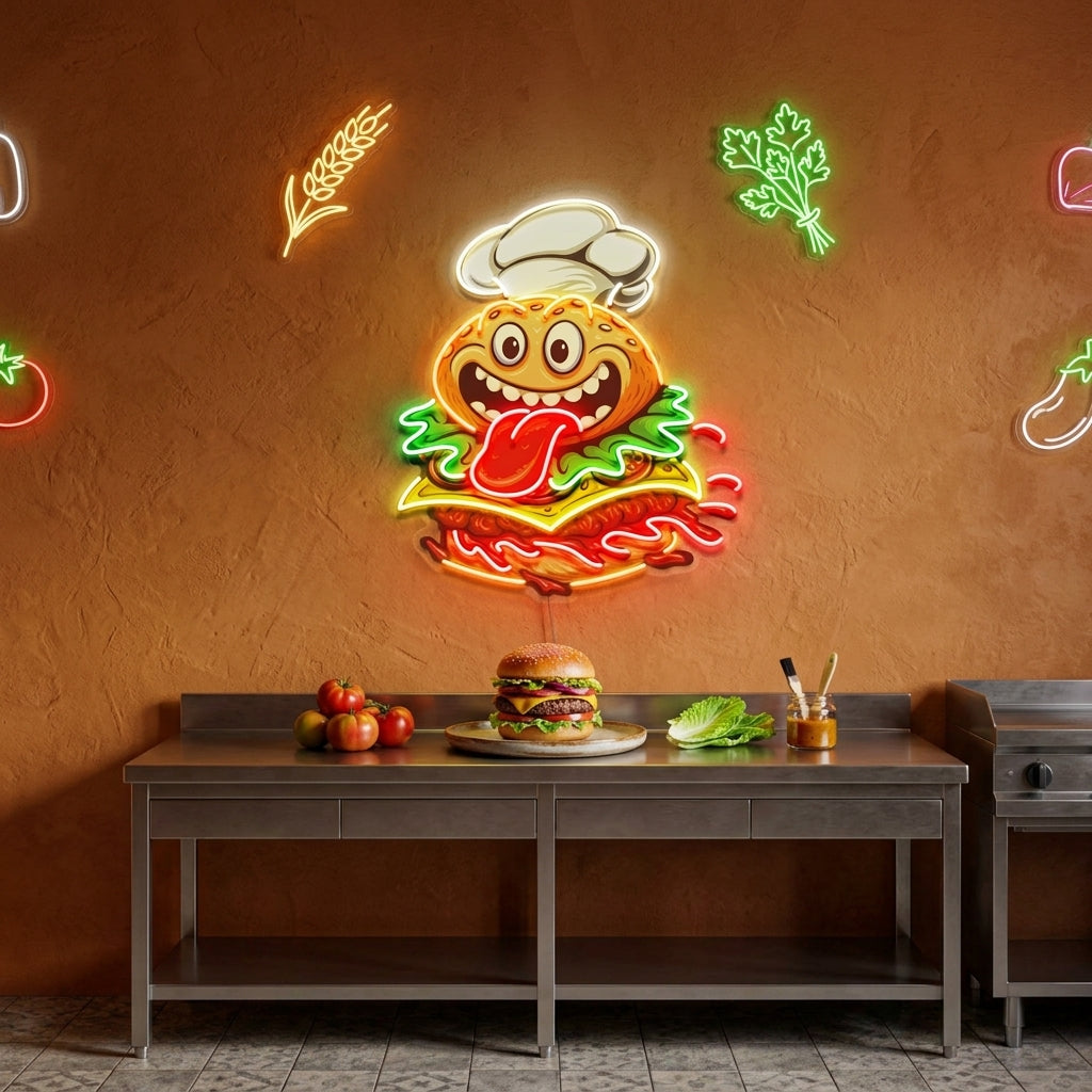 Funny Burger Chef LED Neon Sign Light Pop Art