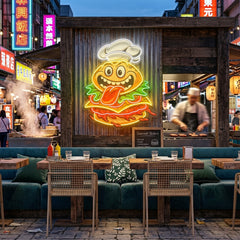 Funny Burger Chef Logo Mascot Artwork Led Neon Sign Light