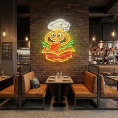Funny Burger Chef Logo Mascot Artwork Led Neon Sign Light