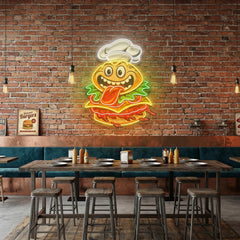 Funny Burger Chef Logo Mascot Artwork Led Neon Sign Light