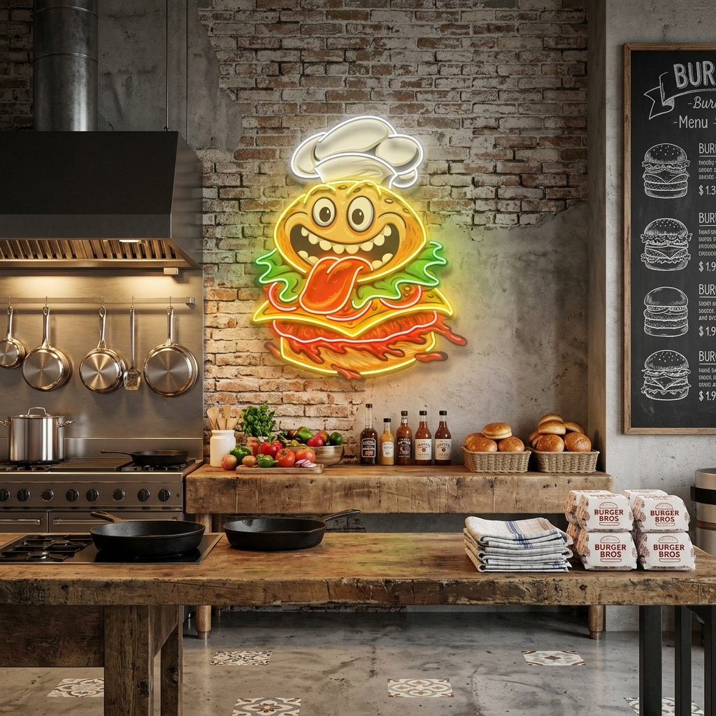 Funny Burger Chef Logo Mascot Artwork Led Neon Sign Light