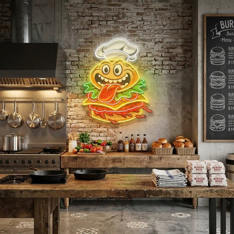 Funny Burger Chef Logo Mascot Artwork Led Neon Sign Light