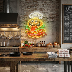 Funny Burger Chef Logo Mascot Artwork Led Neon Sign Light