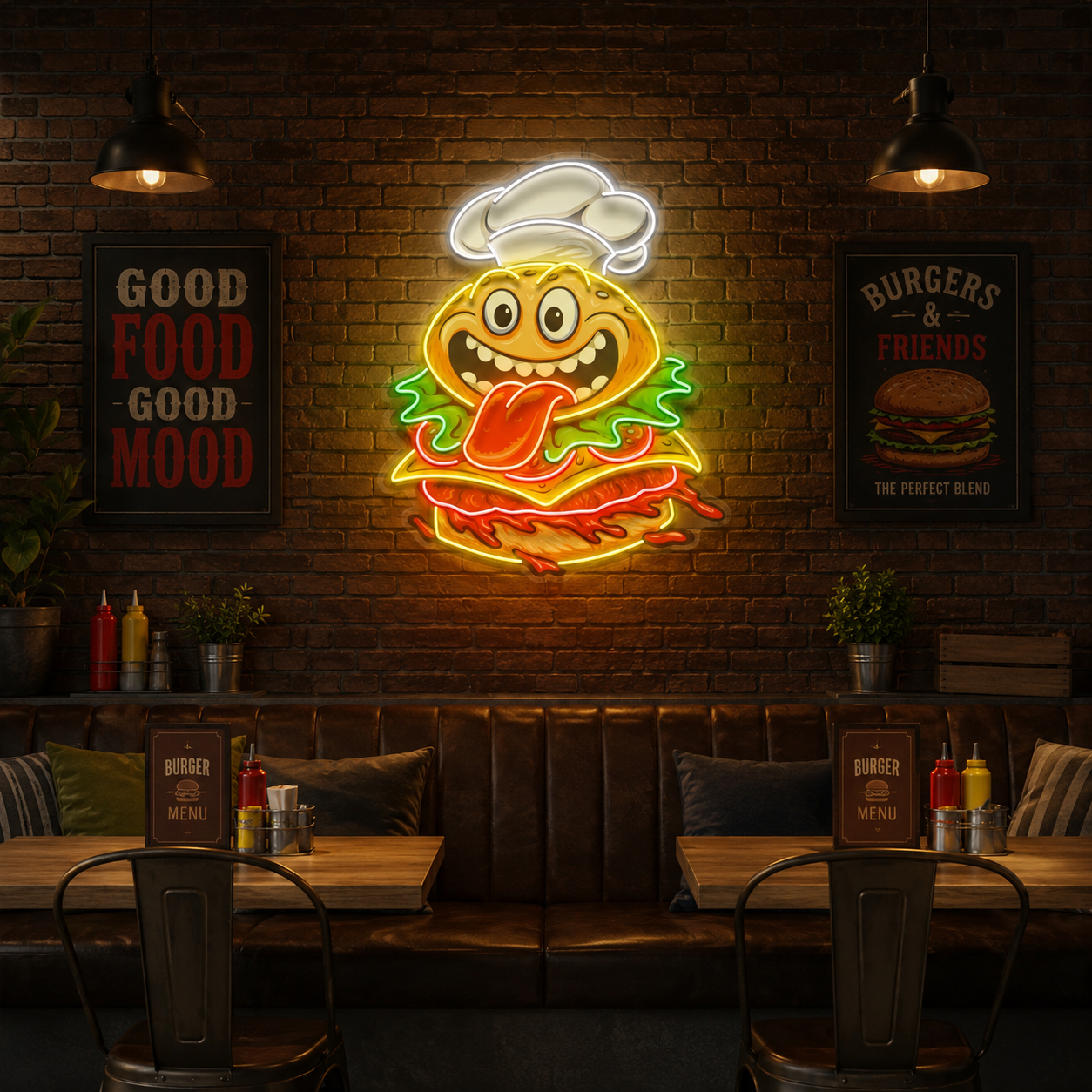 Funny Burger Chef Logo Mascot Artwork Led Neon Sign Light