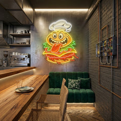 Funny Burger Chef Logo Mascot Artwork Led Neon Sign Light