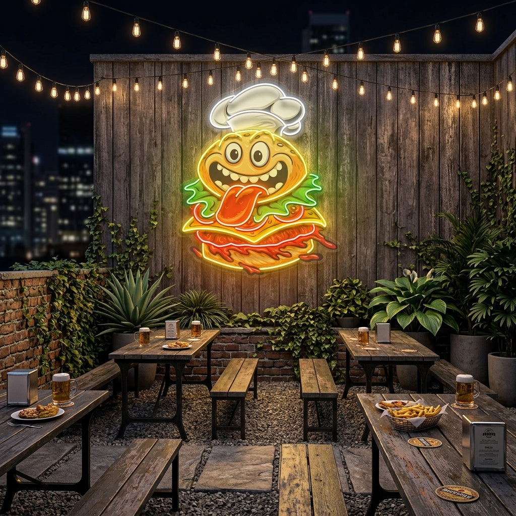 Funny Burger Chef Logo Mascot Artwork Led Neon Sign Light