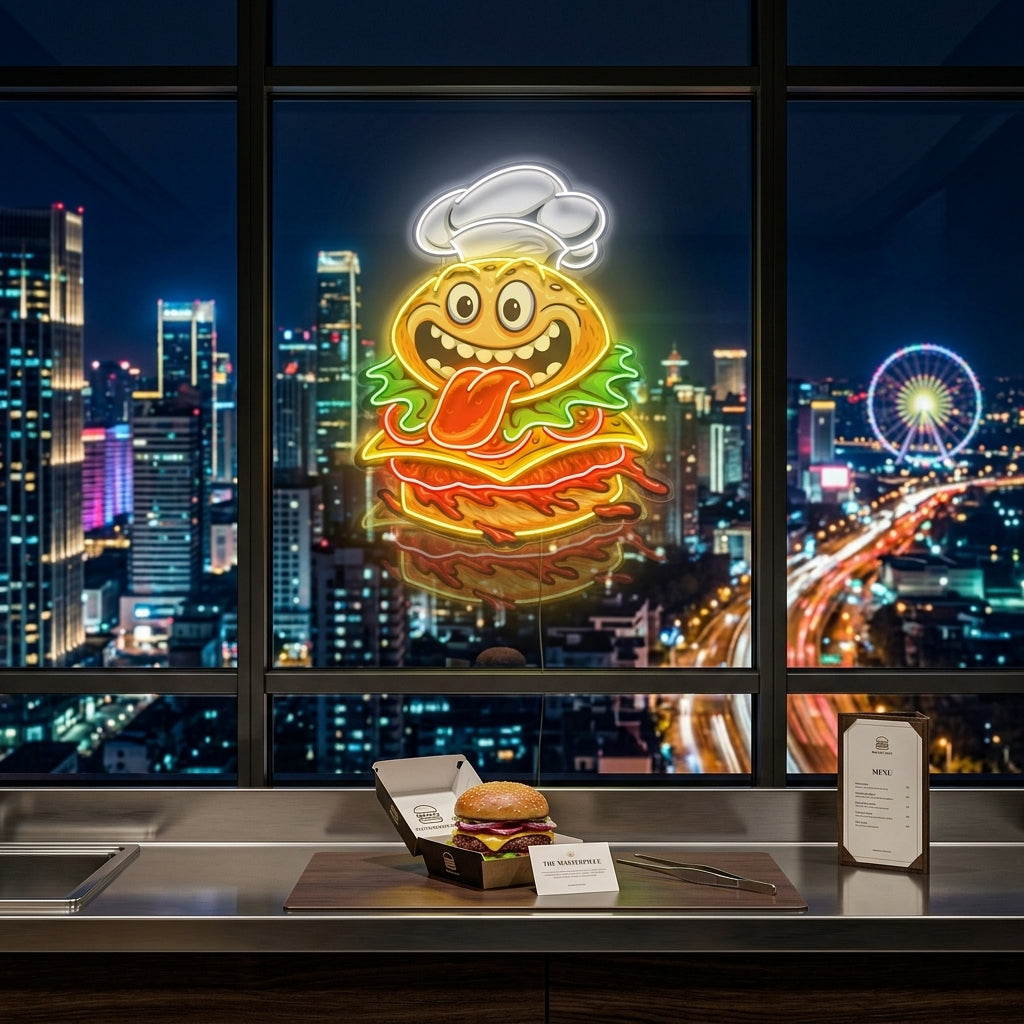 Funny Burger Chef Logo Mascot Artwork Led Neon Sign Light