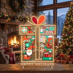 Gift Box LED Neon Sign with Holiday Icons and Happy Holidays Message