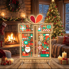 Gift Box LED Neon Sign with Holiday Icons and Happy Holidays Message