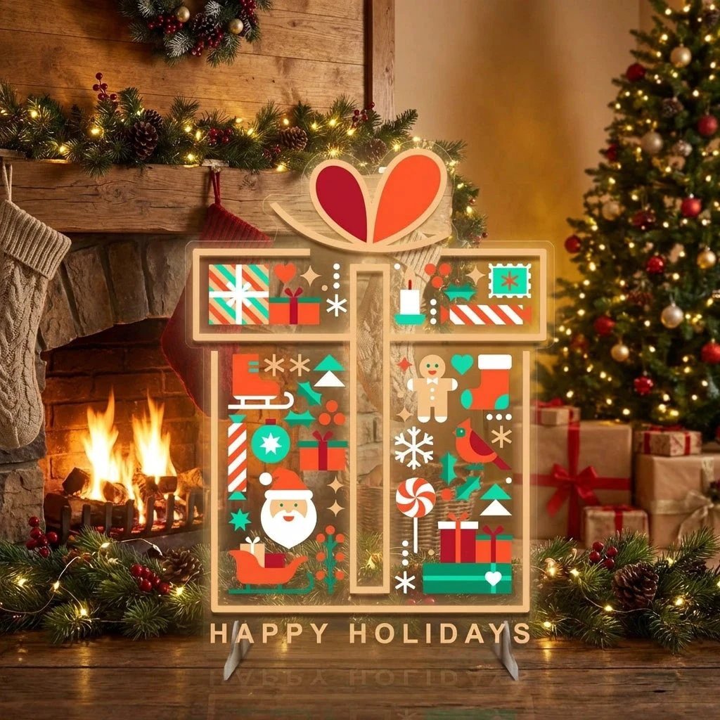 Gift Box LED Neon Sign with Holiday Icons and Happy Holidays Message