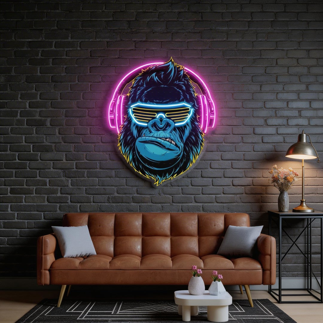 Gorilla with Headphones LED Neon Sign Light Pop Art