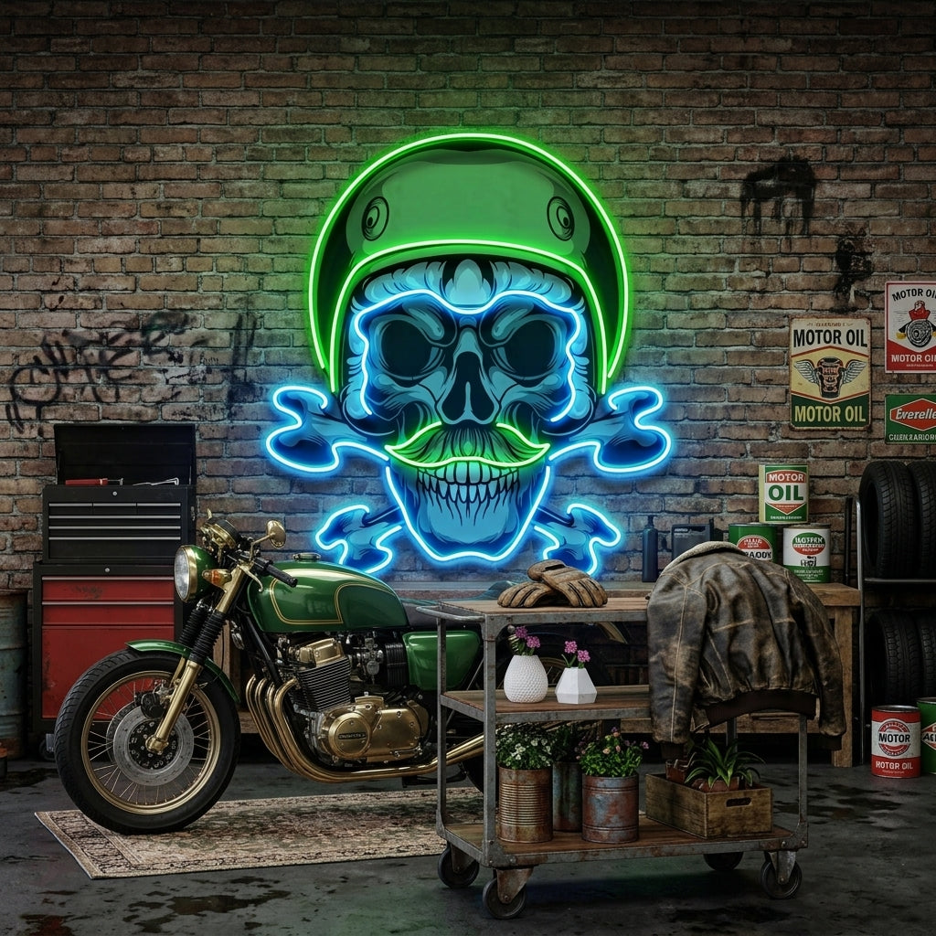 Green Biker Skull LED Neon Sign Light Pop Art