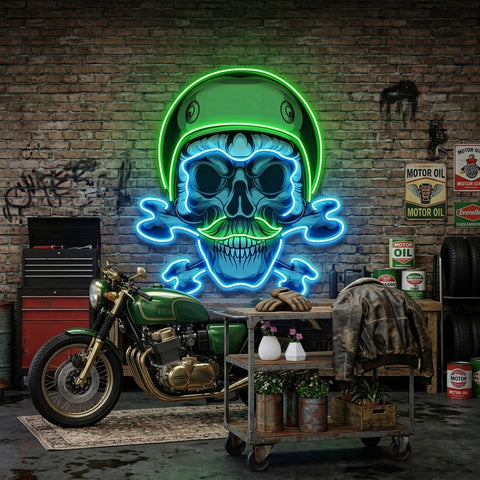 Green Biker Skull LED Neon Sign Light Pop Art